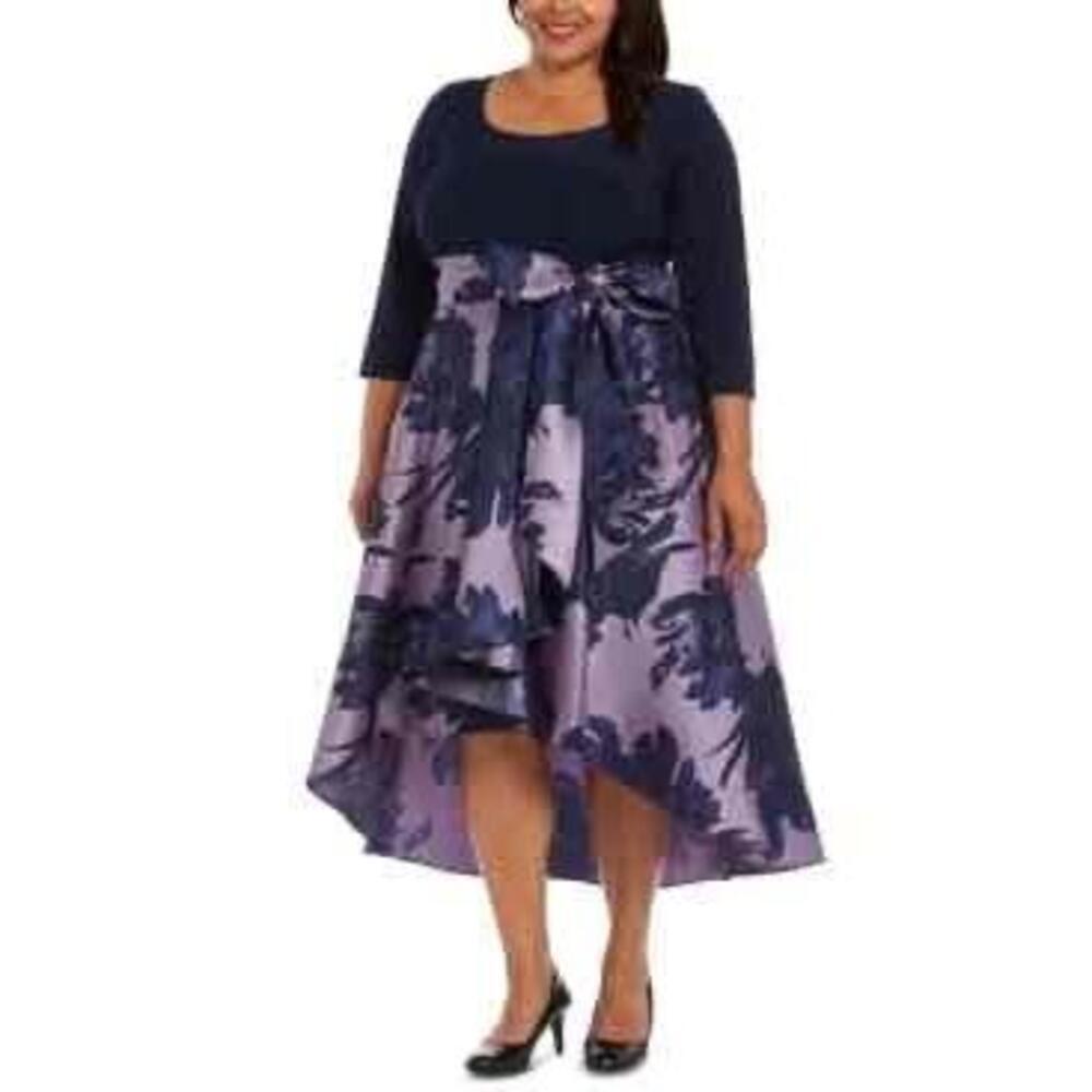 NWT R&M Richards Womens Navy Blue Floral High Low 3/4 Sleeve Belted Dress S 14 W